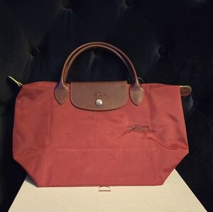 Longchamp Cherry Red Tote with Brown Accents